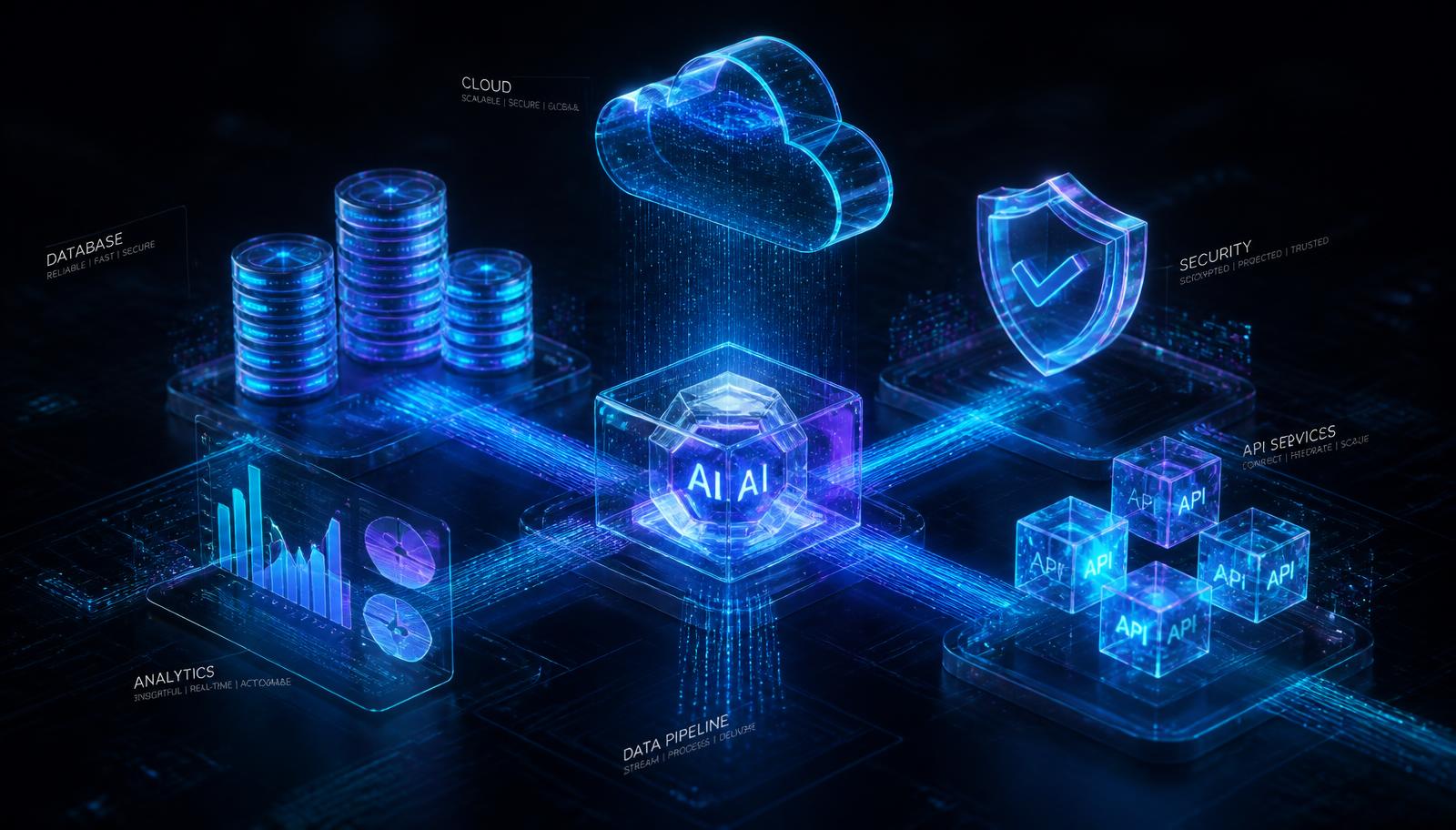 3D digital ecosystem showing cloud, database, AI, security, API and analytics elements connected by glowing data paths