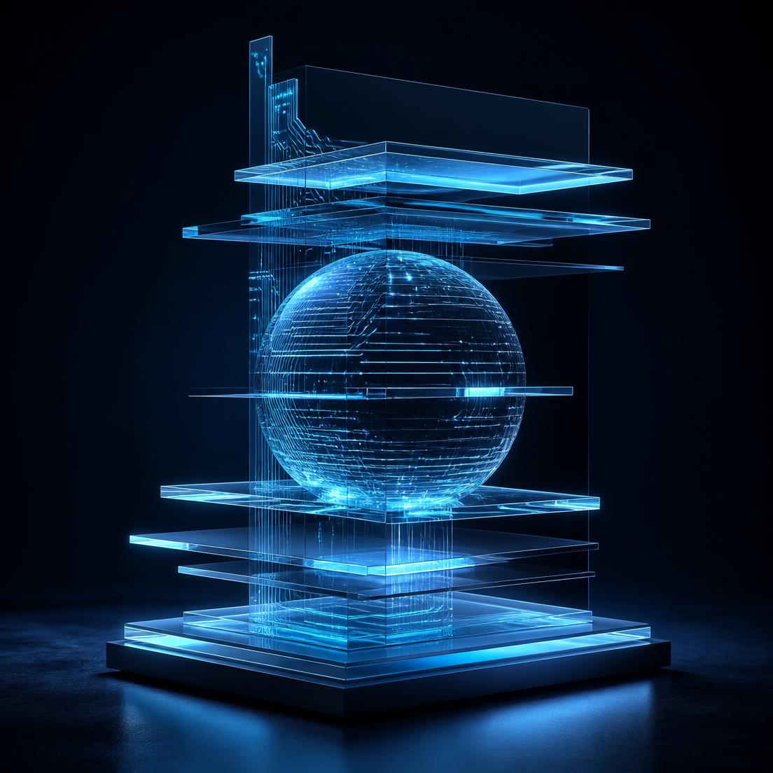 Abstract 3D sculpture of layered glass panels around a glowing wireframe sphere